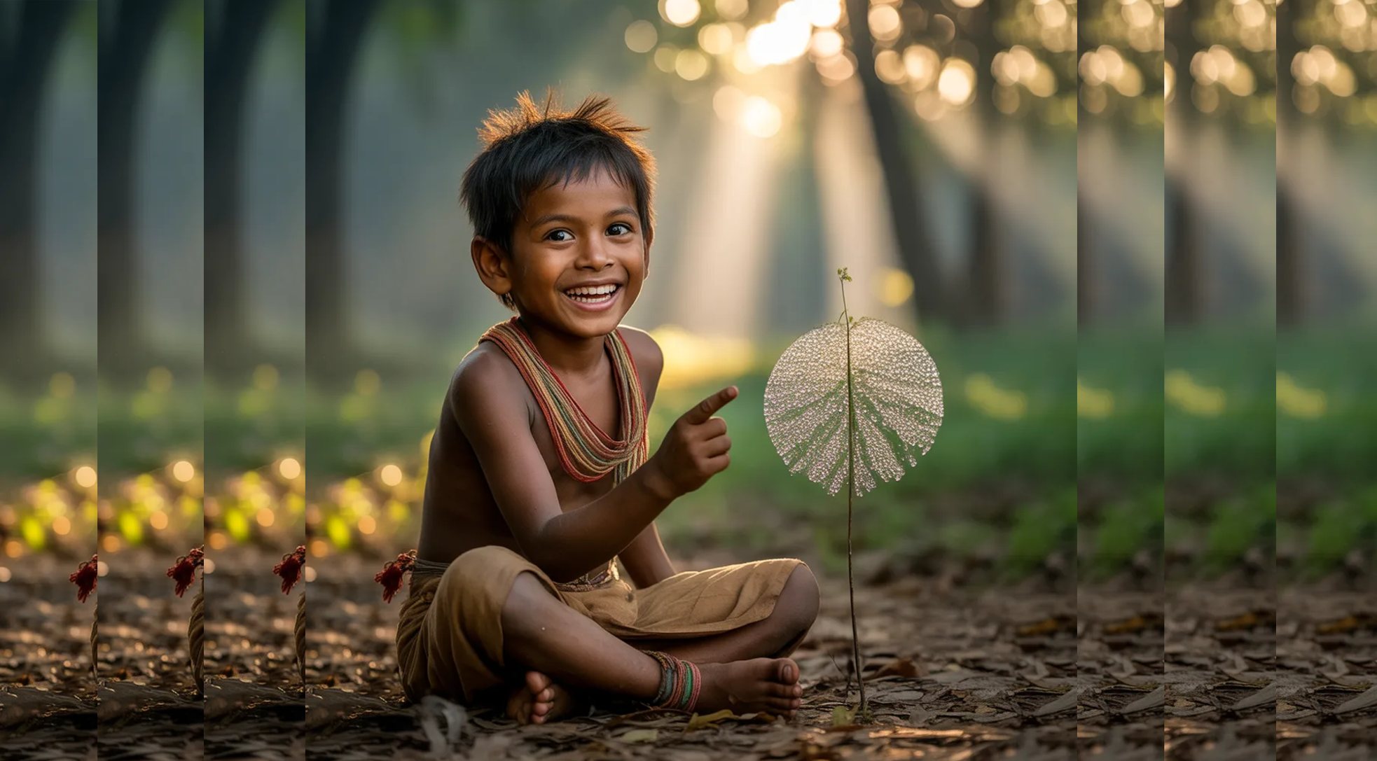 A child sitting in a field at sunrise, pointing at a dew-covered leaf