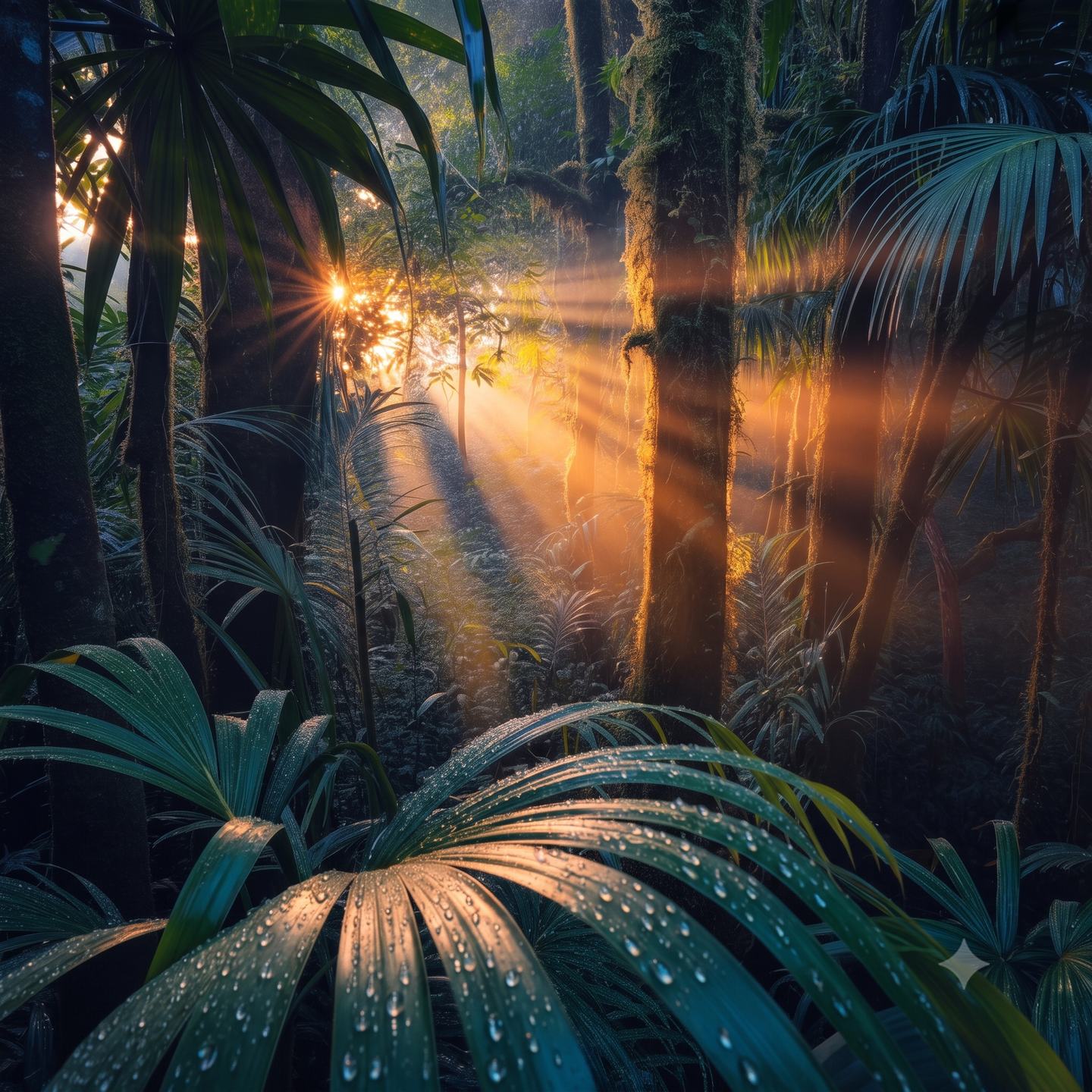 Dawn light breaking through a rainforest canopy onto dew-covered fronds