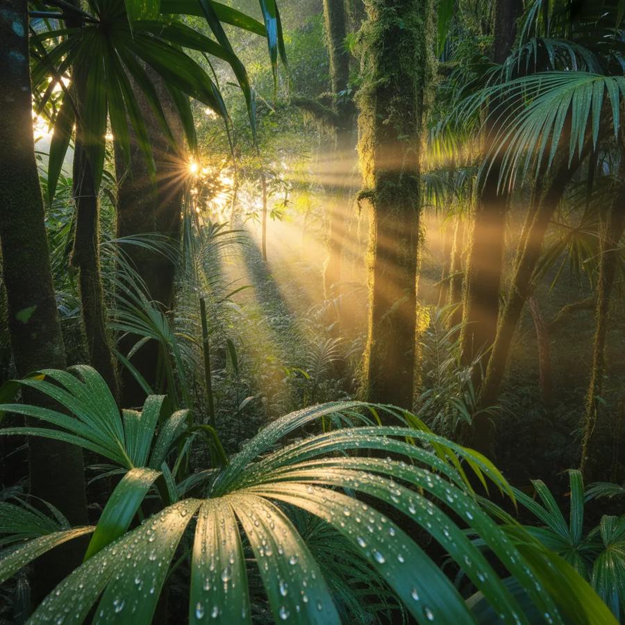 Sunlight breaking through a dense rainforest canopy