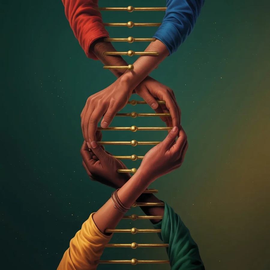 Hands of different skin tones interlocking around a golden double helix
